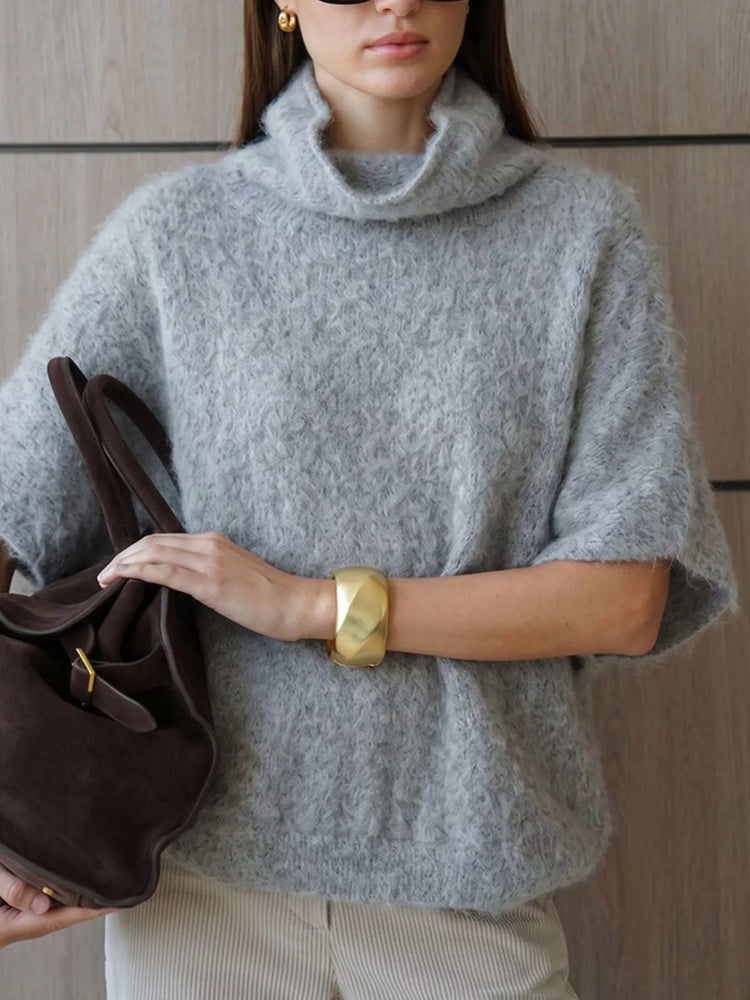 Turtleneck Fuzzy Short Sleeve Sweater