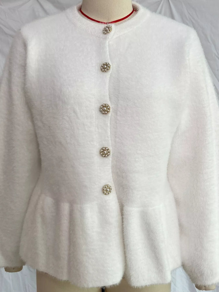 Fuzzy Peplum Cardigan with Pearl Buttons