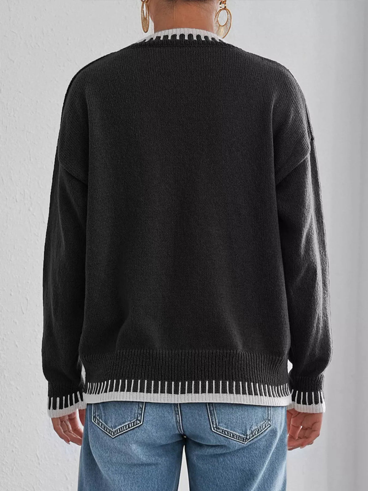 Heart-Embroidered Contrast Trim Sweater