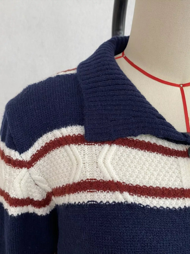 Vintage-Inspired Striped Knit Cardigan with Polo Collar