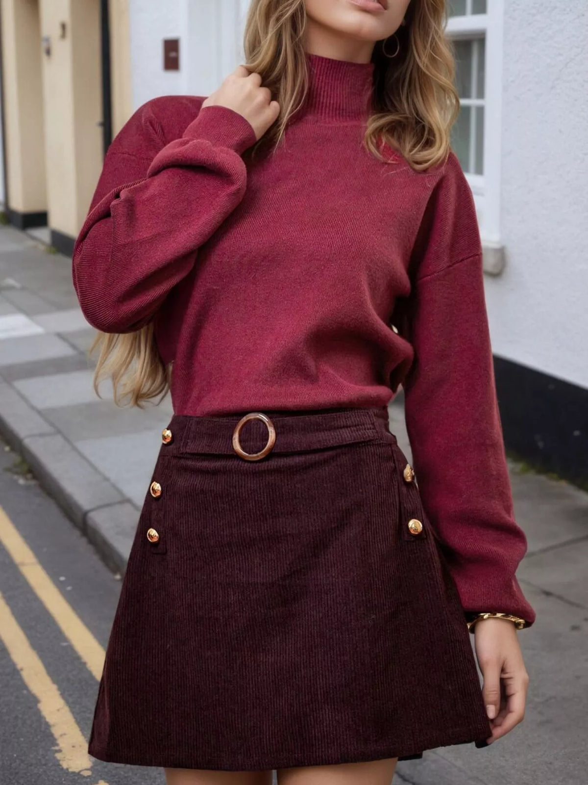 Christmas Outfit High-Waisted Corduroy Mini Skirt with Decorative Gold Buttons and Belt