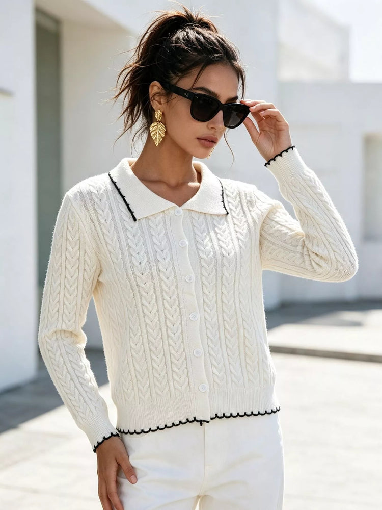 Cable Knit Polo Collar Button-Up Cardigan