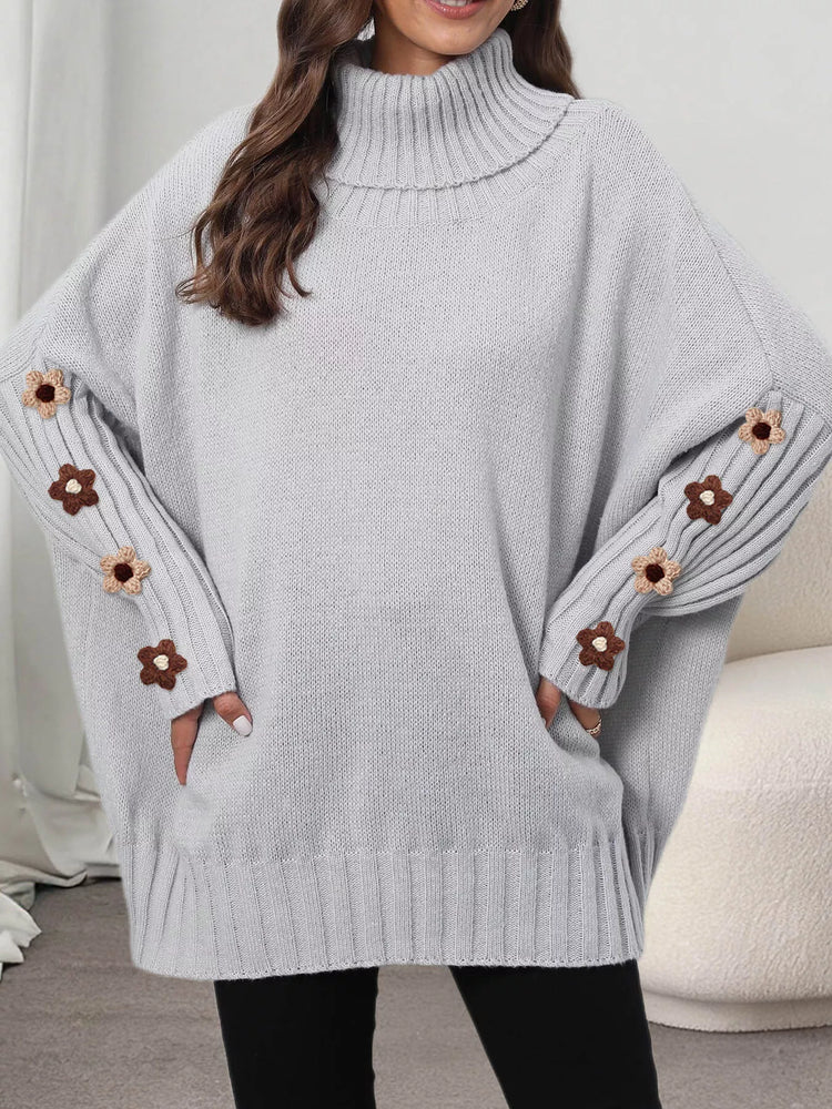 Oversized Turtleneck Sweater with Floral Applique Sleeves