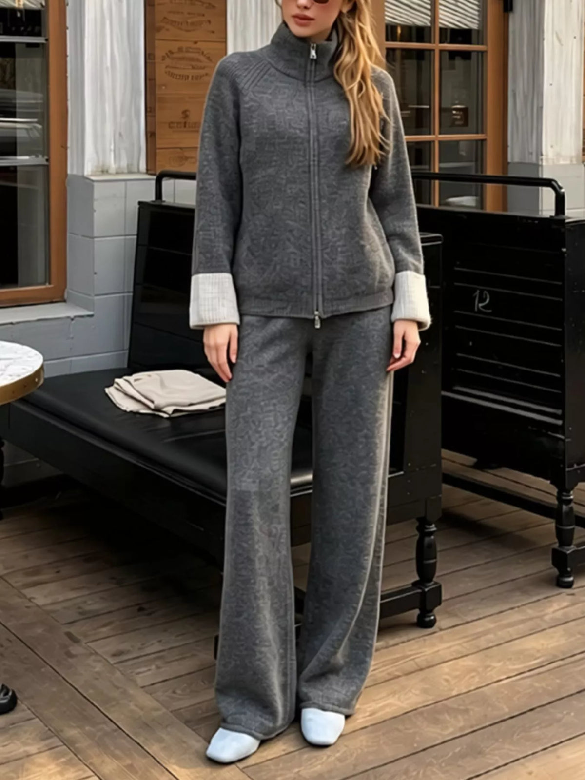 Zip-Up Contrast Cuff Cardigan and Pants Sweater Set