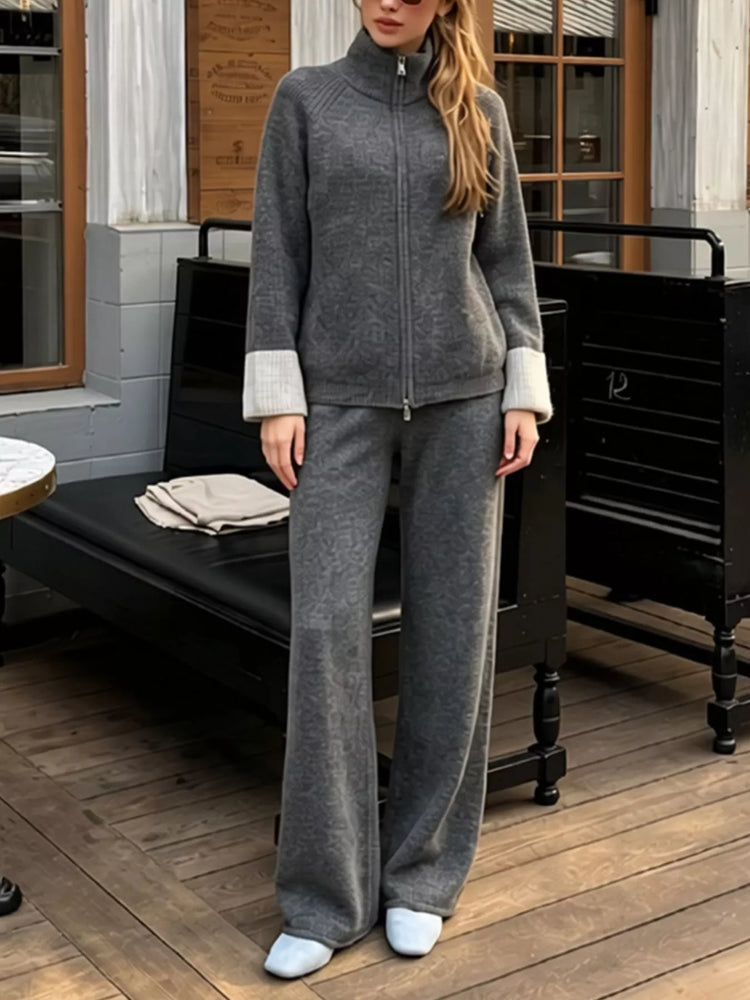 Zip-Up Contrast Cuff Cardigan and Pants Sweater Set
