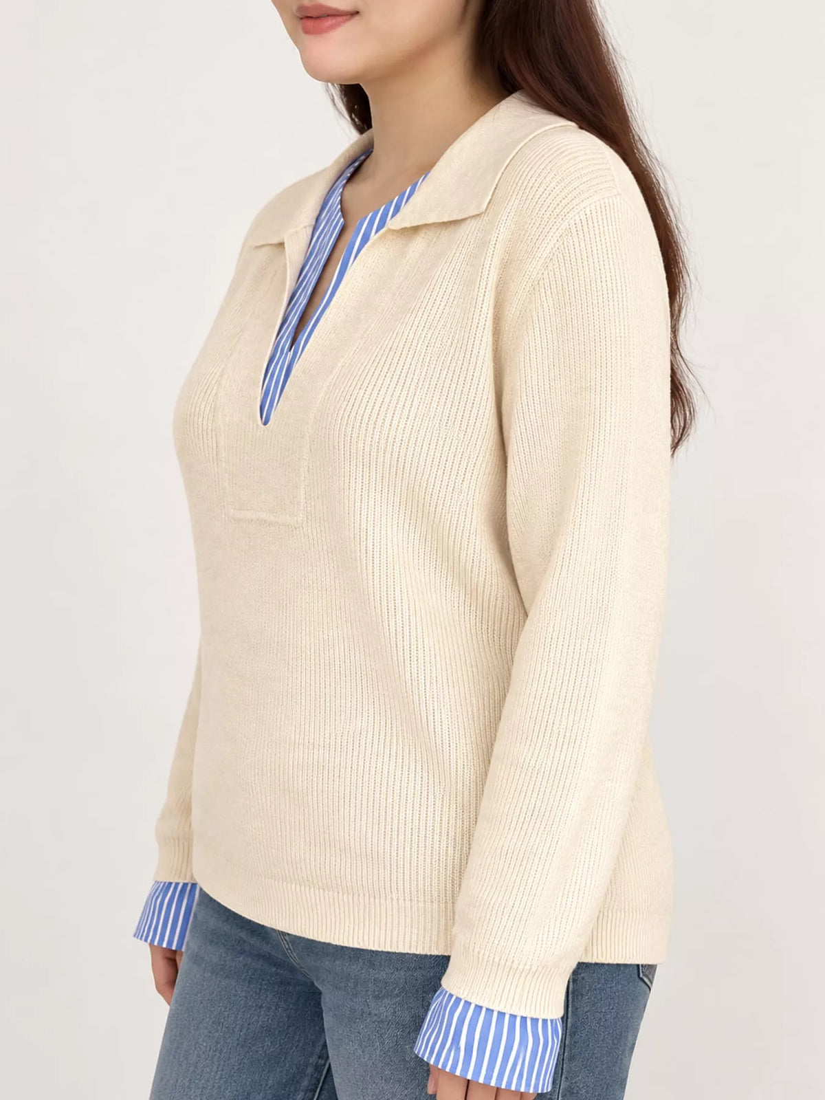 Plus Size Layered Look Striped Long Sleeve Sweater