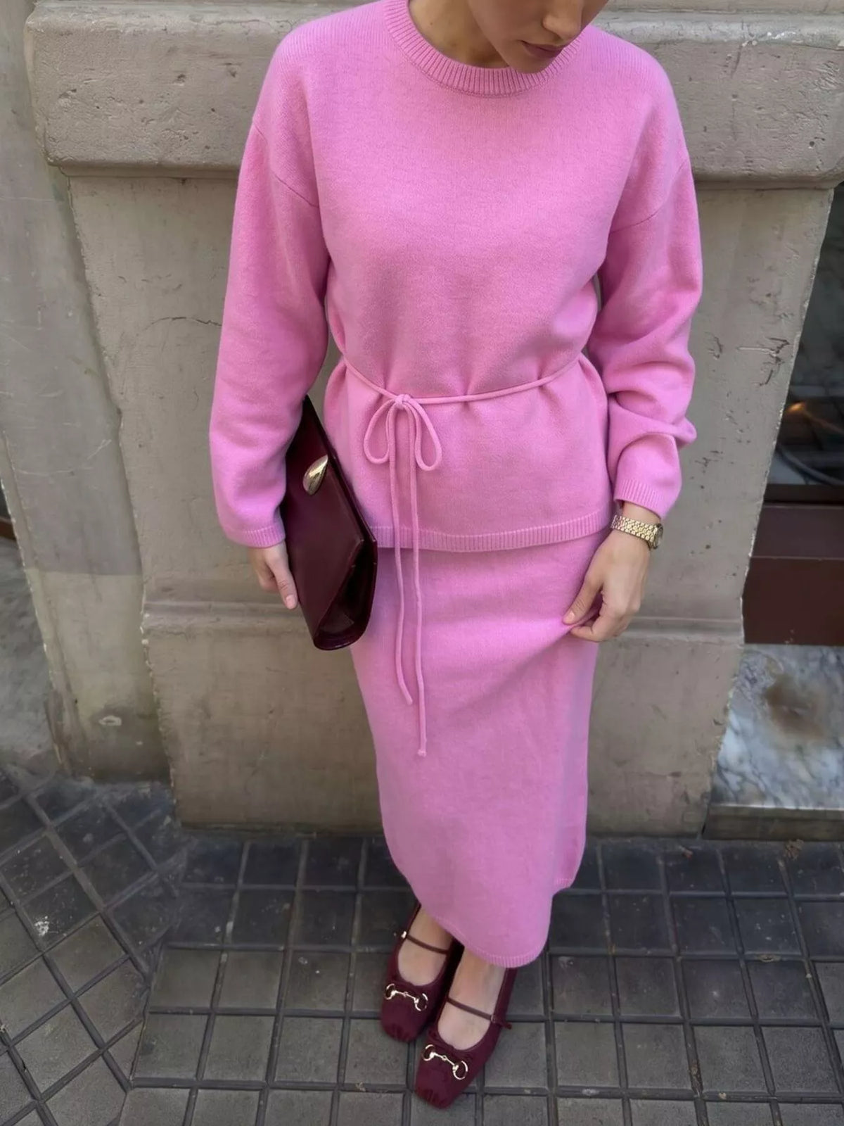 Waist-Tie Detail Sweater and Maxi Skirt Set