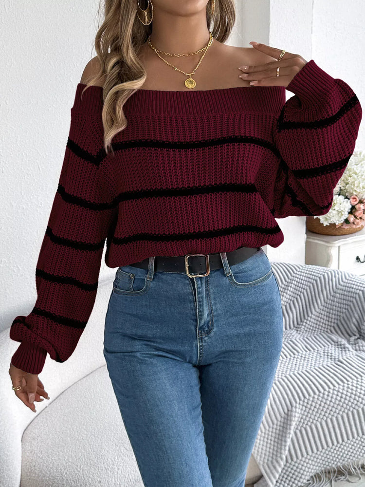 Off-Shoulder Striped Contrast Sweater