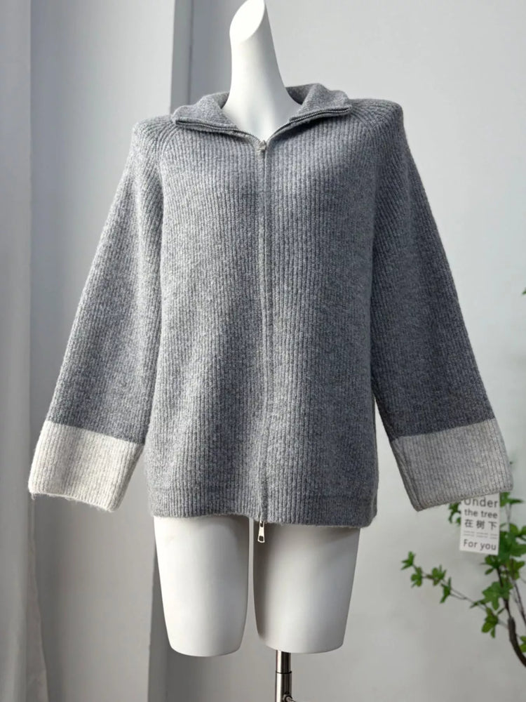 Zip-Up Contrast Cuff Cardigan and Pants Sweater Set