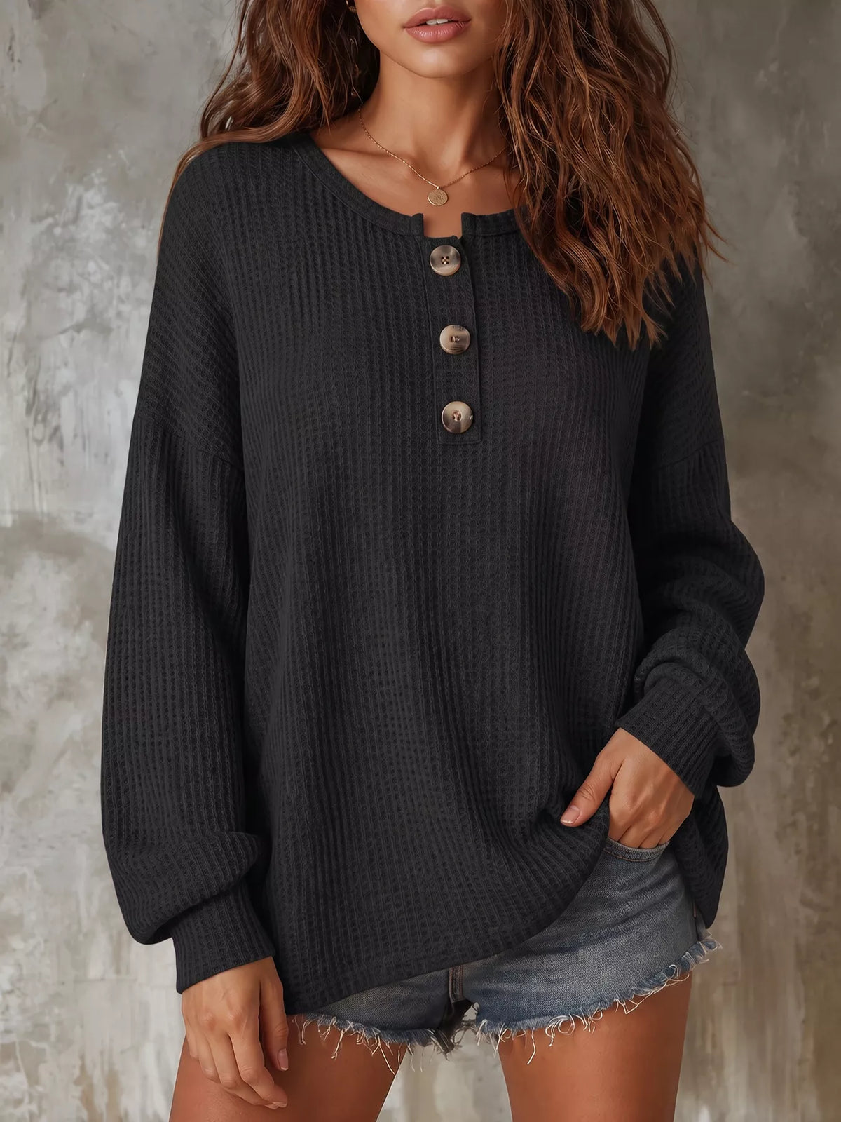 Button Detail Dropped Shoulder Knit Top