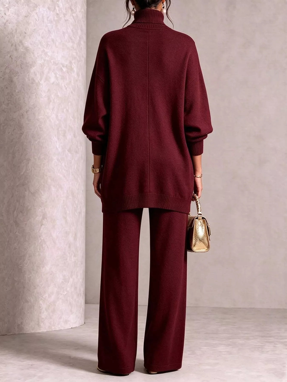 Full Size Elegant Turtleneck Asymmetric Button-Decorated Sweater and Pants Set Plus Size