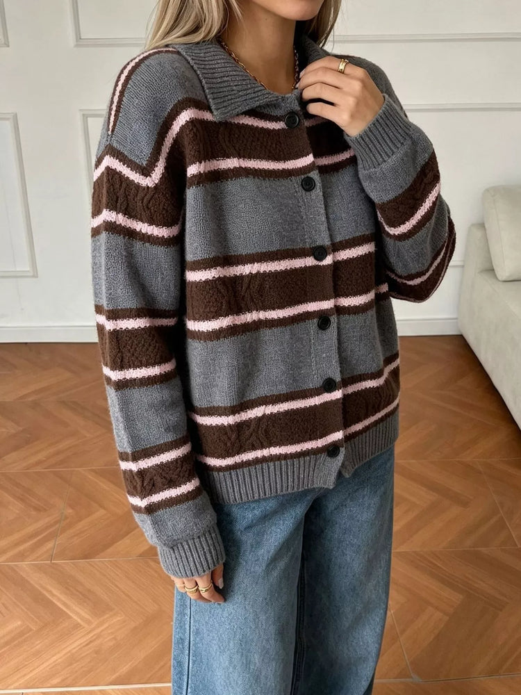 Vintage-Inspired Striped Knit Cardigan with Polo Collar
