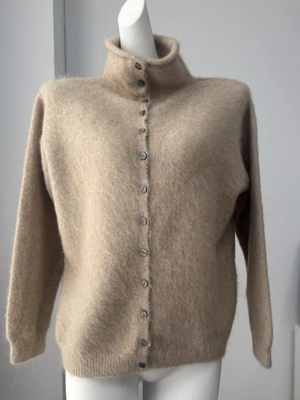 Mock Neck Button-Down Fuzzy Knit Cardigan