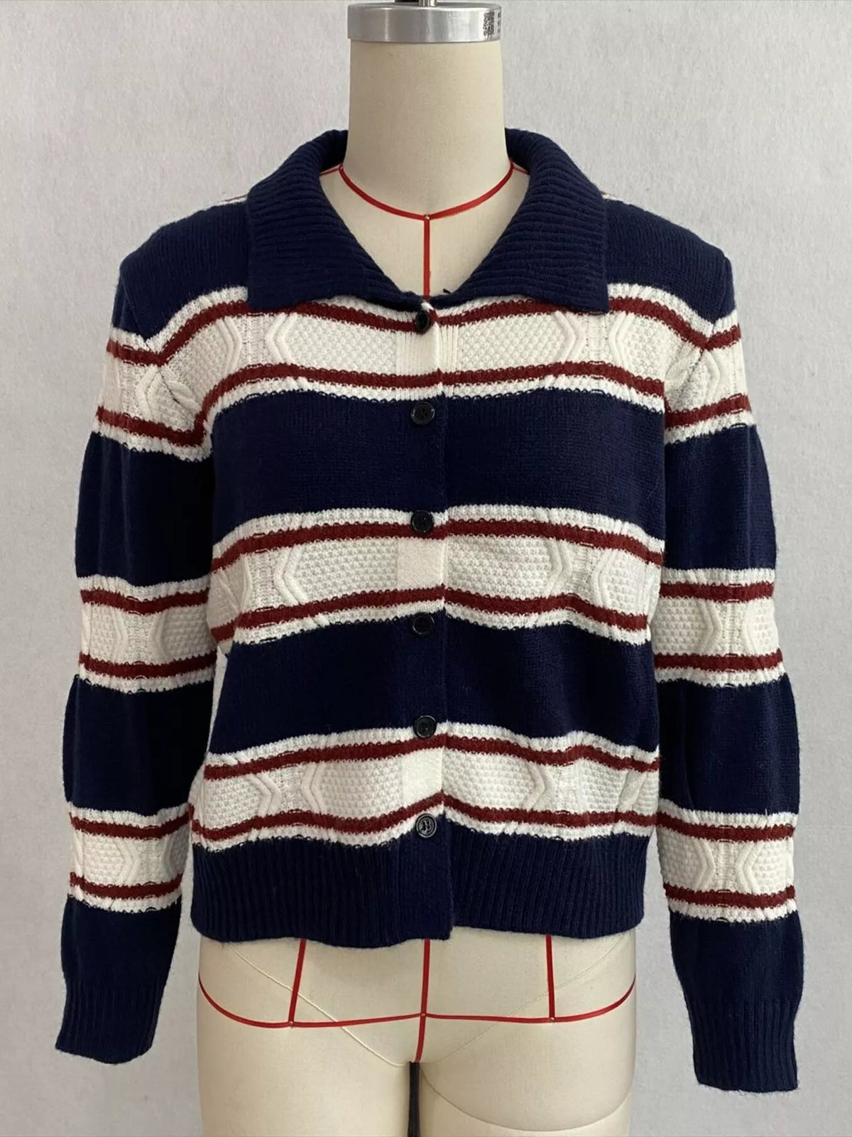 Vintage-Inspired Striped Knit Cardigan with Polo Collar