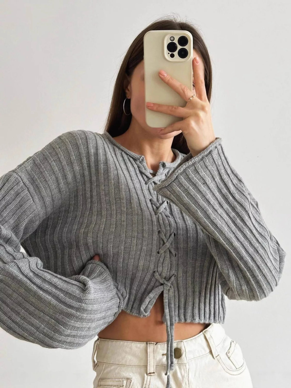 Ribbed Lace-Up Crop Sweater