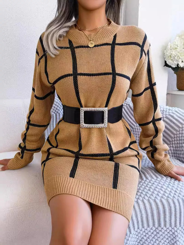 Plaid Pattern Long Sleeve Sweater Dress