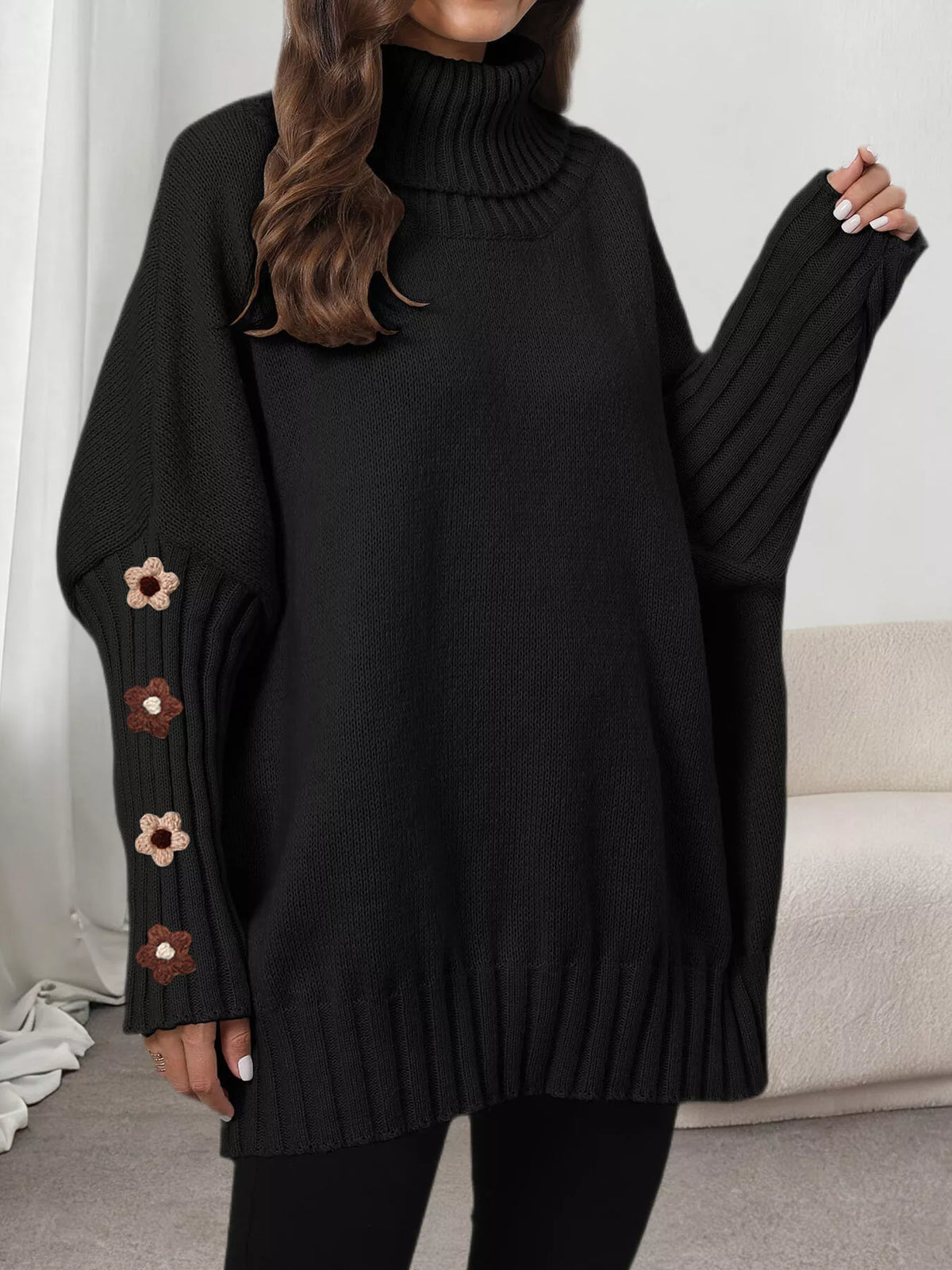 Oversized Turtleneck Sweater with Floral Applique Sleeves