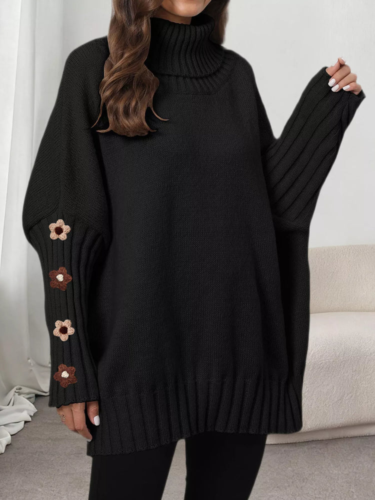 Oversized Turtleneck Sweater with Floral Applique Sleeves