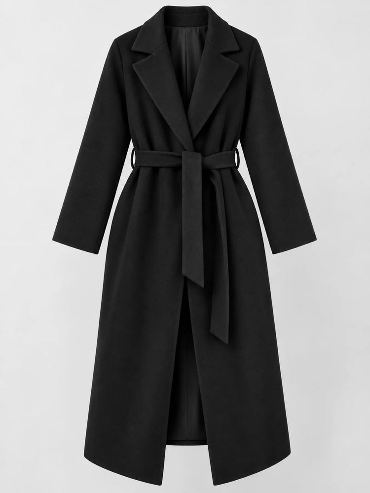 Lapel Collar Long Sleeve Belted Coat