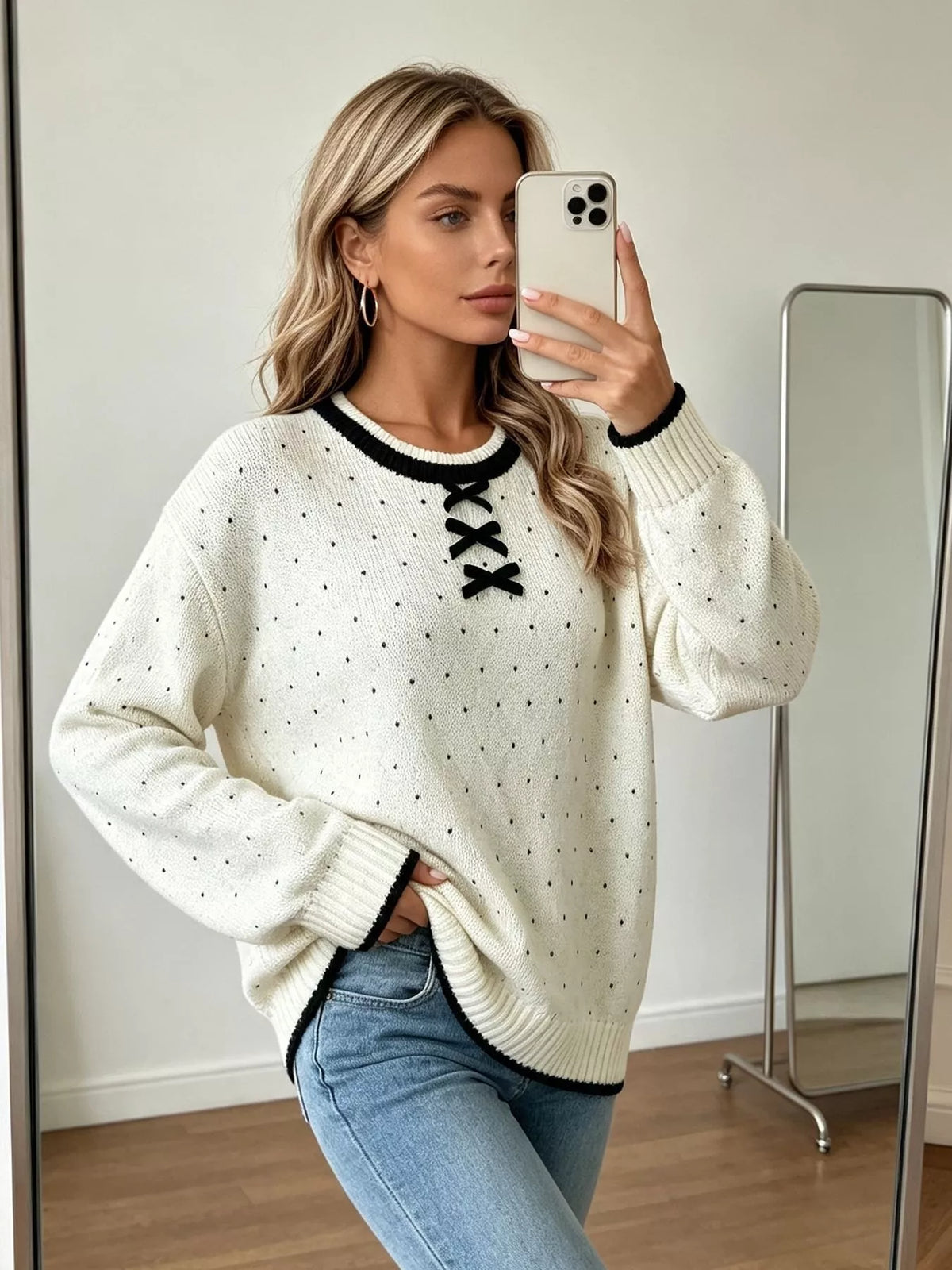 Polka Dot Lace-Up Detail Sweater
