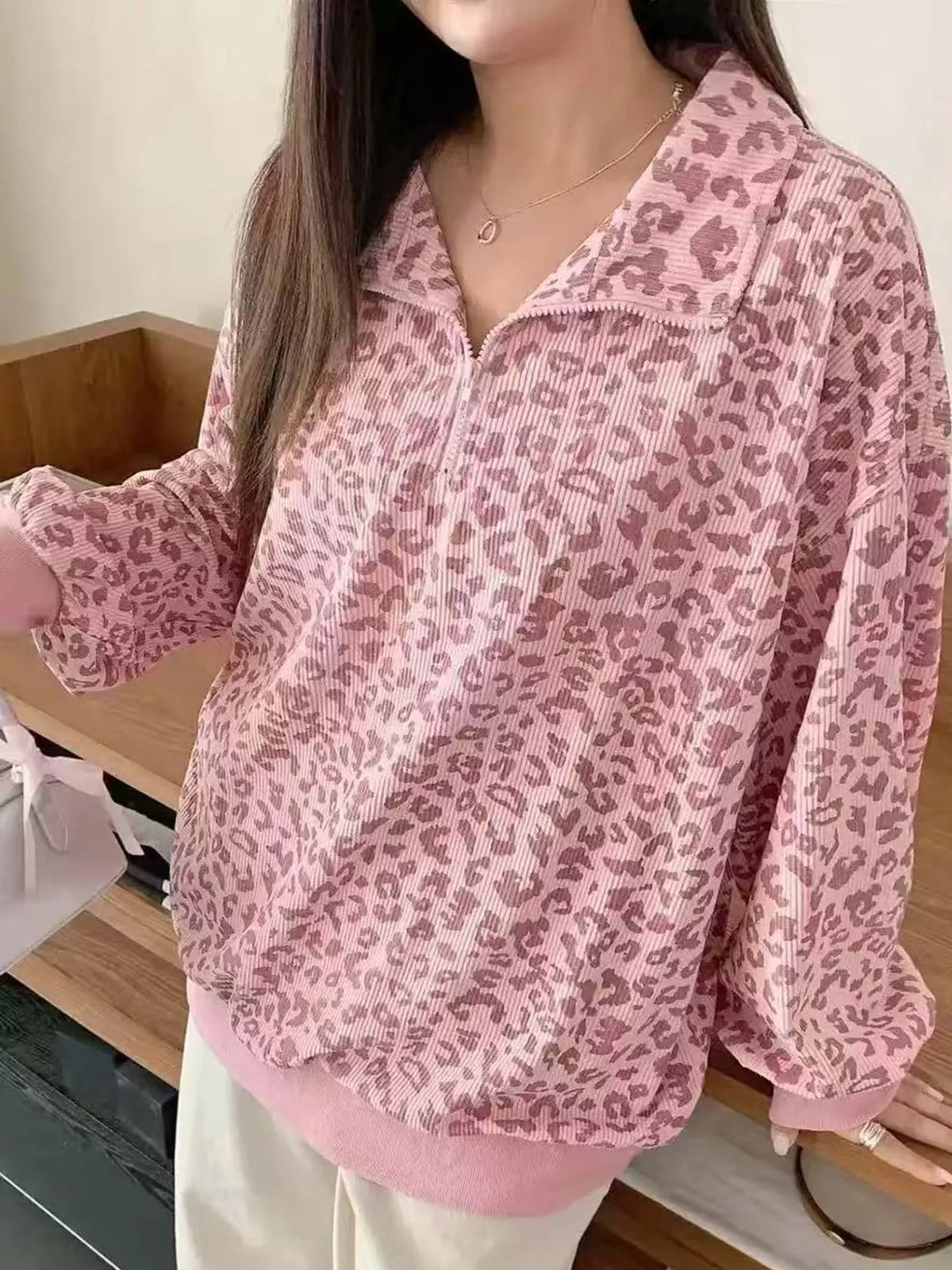 Leopard Print Quarter-Zip Sweatshirt