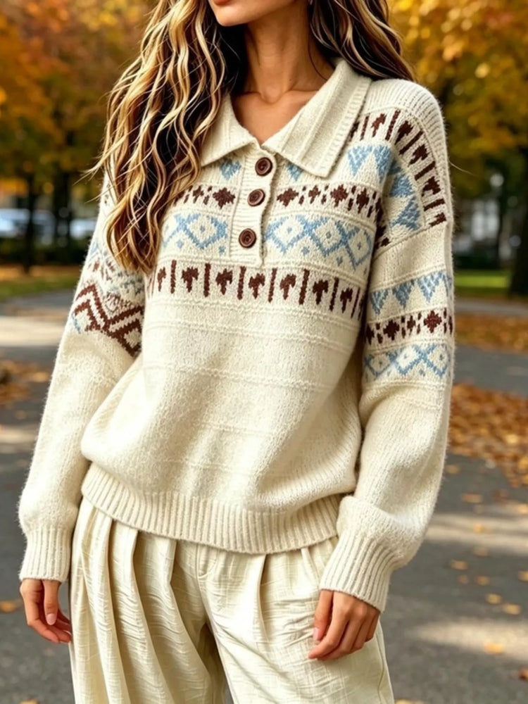 Full Size Vintage Fair Isle Pattern Polo Collar Sweater Plus Size