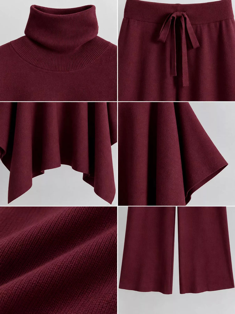 Elegant Turtleneck Poncho Sweater and Wide-Leg Knit Pants Set