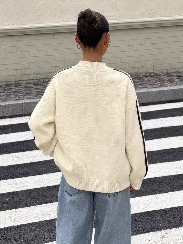 Chinese Knot Button Cardigan with Contrast Side Stripes