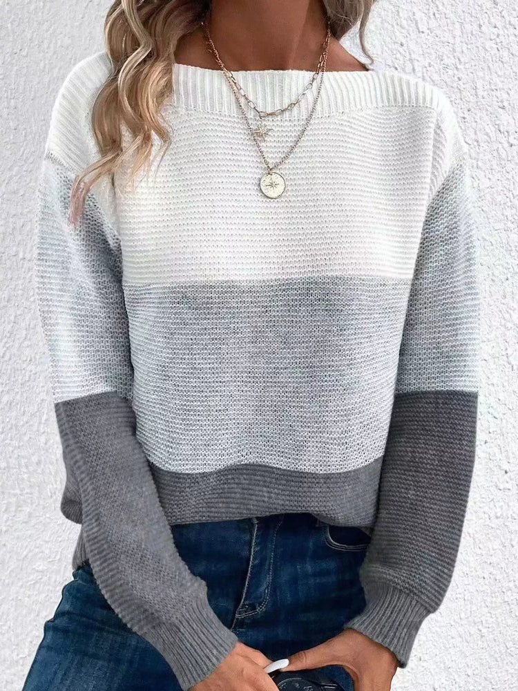Full Size Color-Block Boat Neck Sweater Plus Size