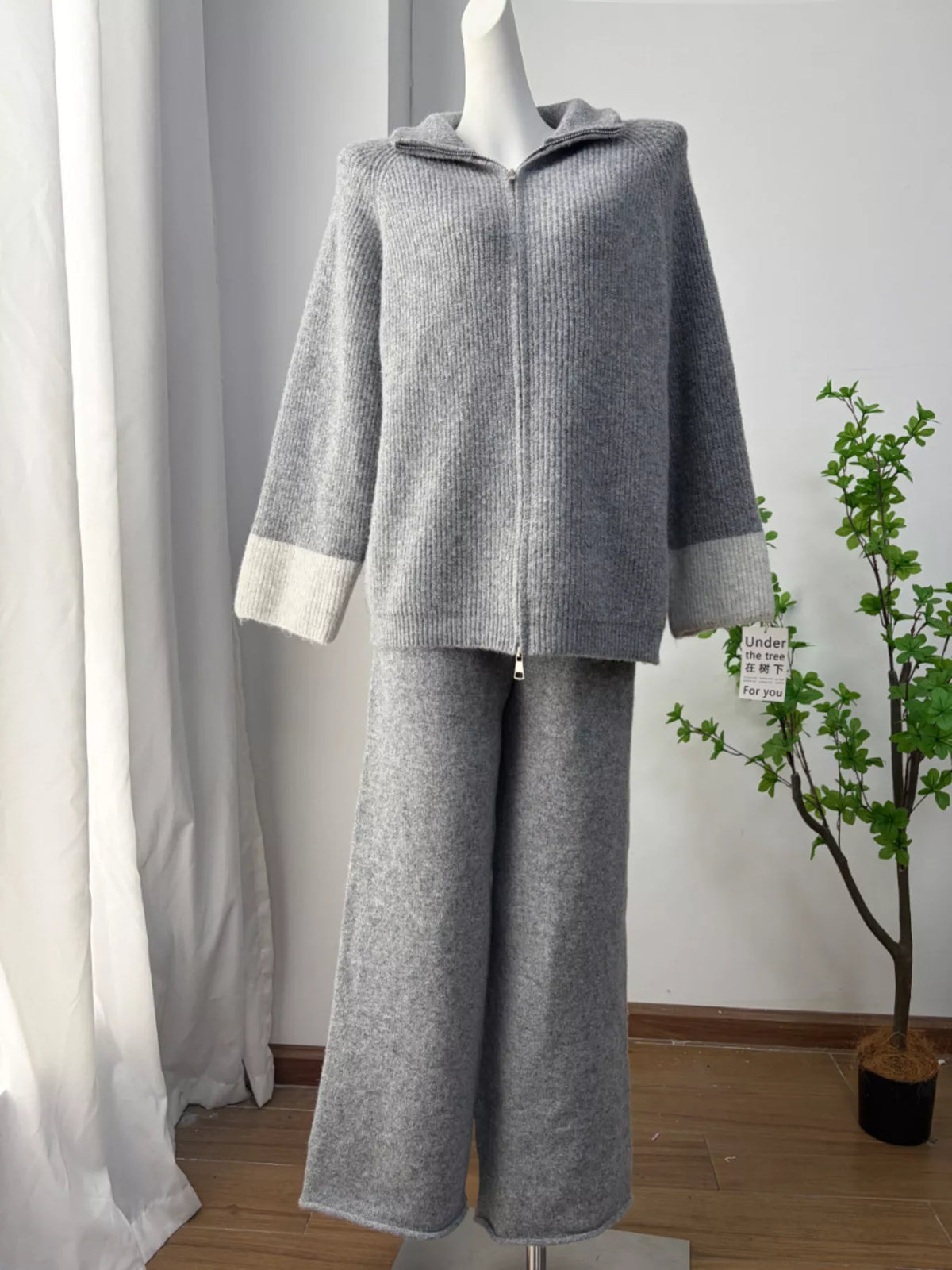 Zip-Up Contrast Cuff Cardigan and Pants Sweater Set