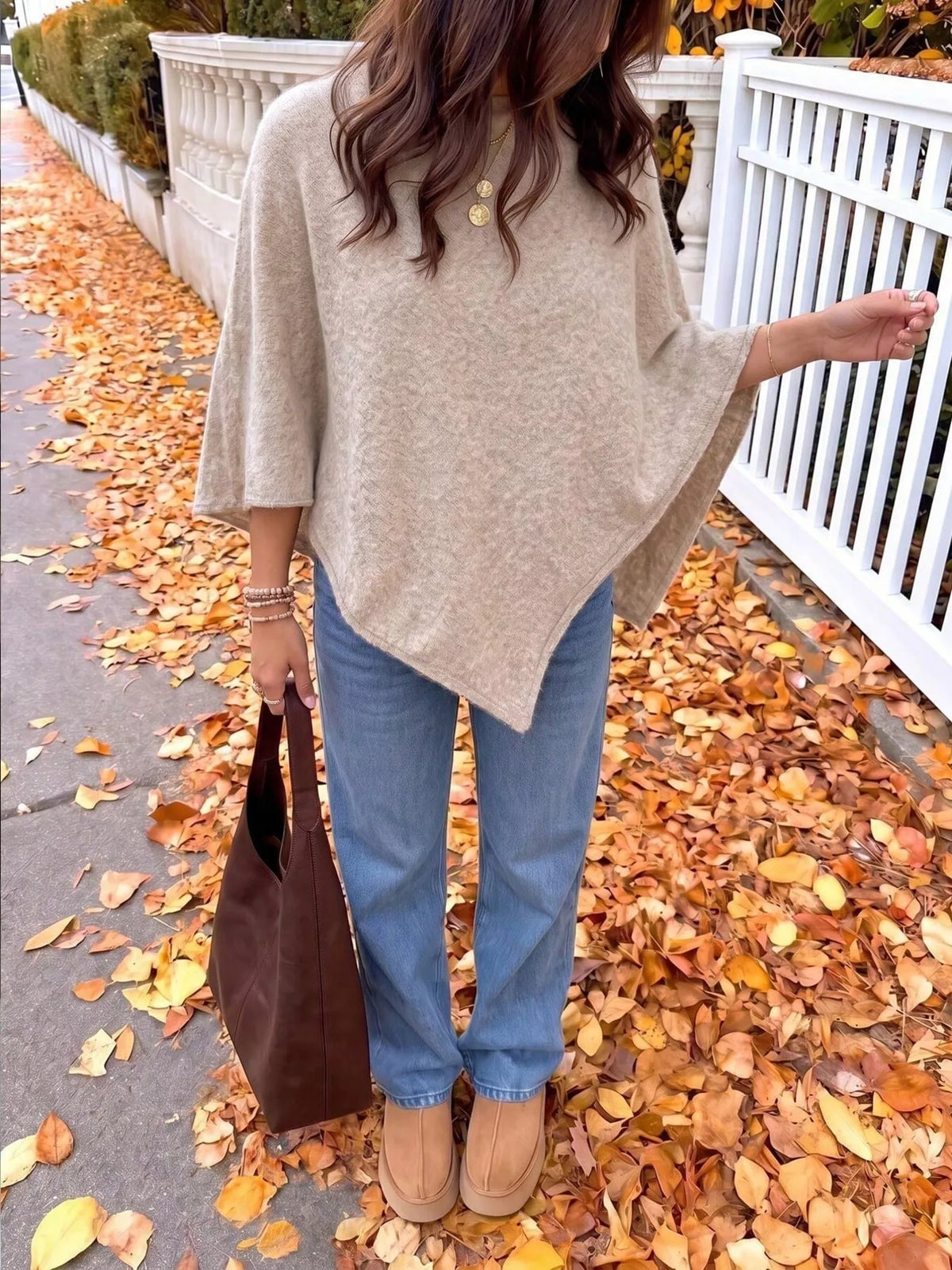 Brushed Loose Shawl Round-Neck Cape Sweater with Bat Sleeves