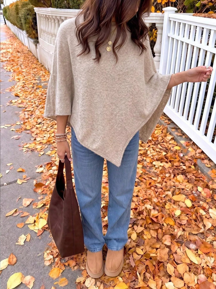 Brushed Loose Shawl Round-Neck Cape Sweater with Bat Sleeves