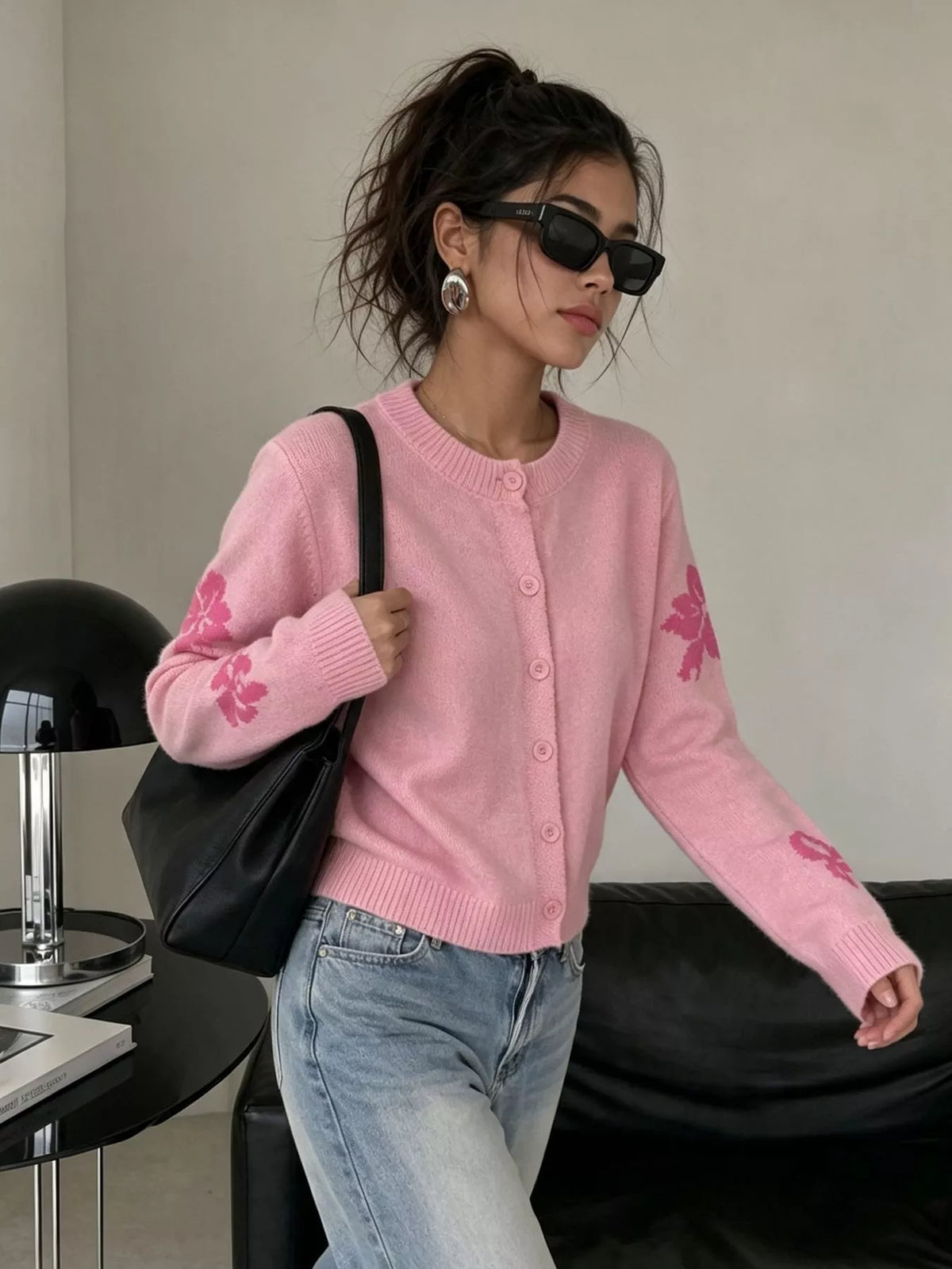 Floral Crew Neck Cropped Knit Cardigan