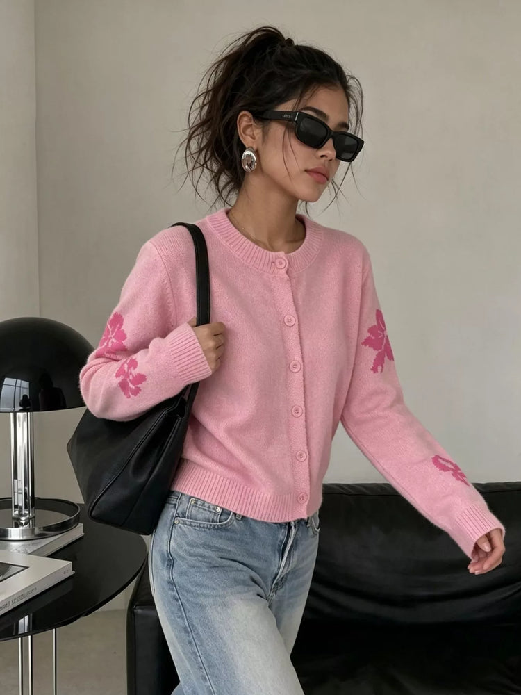 Floral Crew Neck Cropped Knit Cardigan
