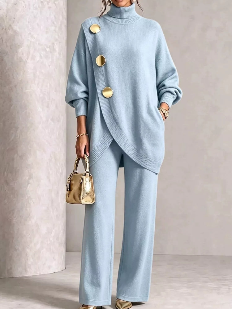 Full Size Elegant Turtleneck Asymmetric Button-Decorated Sweater and Pants Set Plus Size