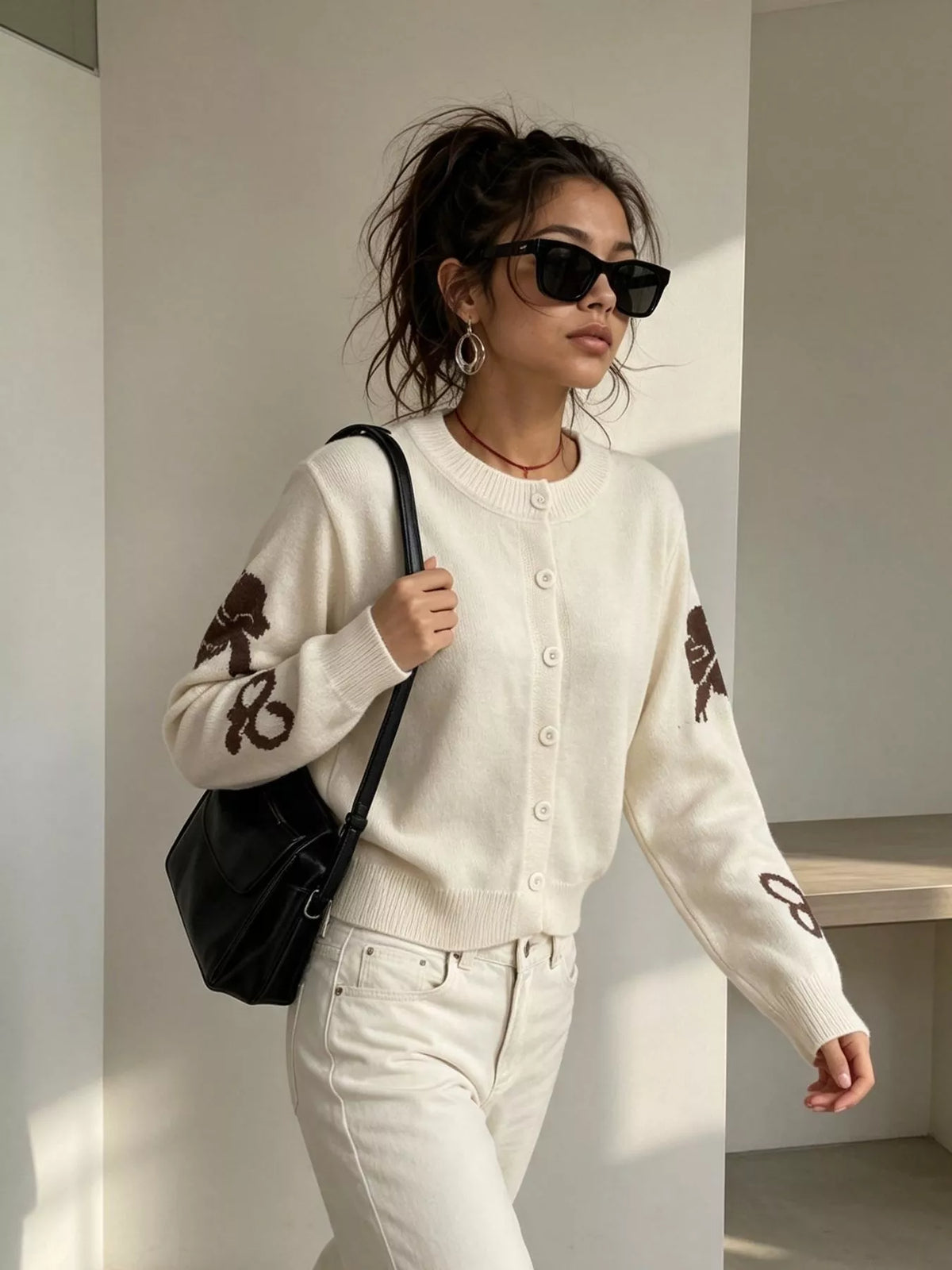 Floral Crew Neck Cropped Knit Cardigan