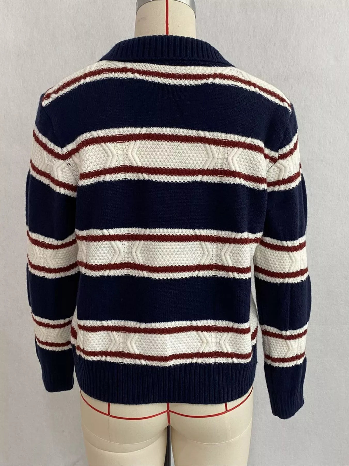 Vintage-Inspired Striped Knit Cardigan with Polo Collar