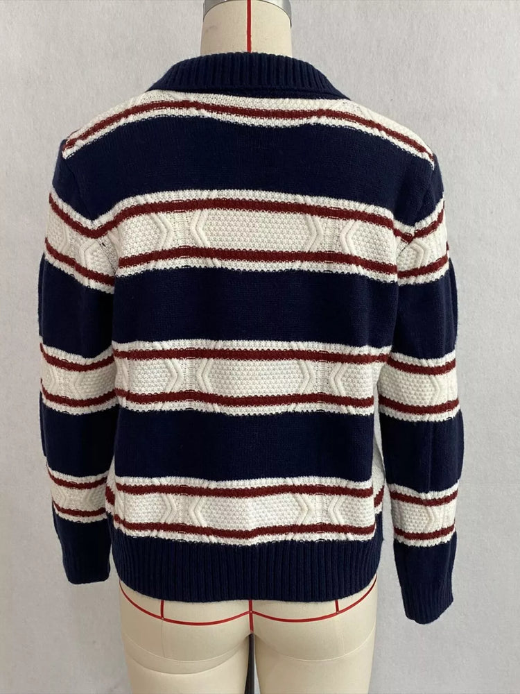 Vintage-Inspired Striped Knit Cardigan with Polo Collar
