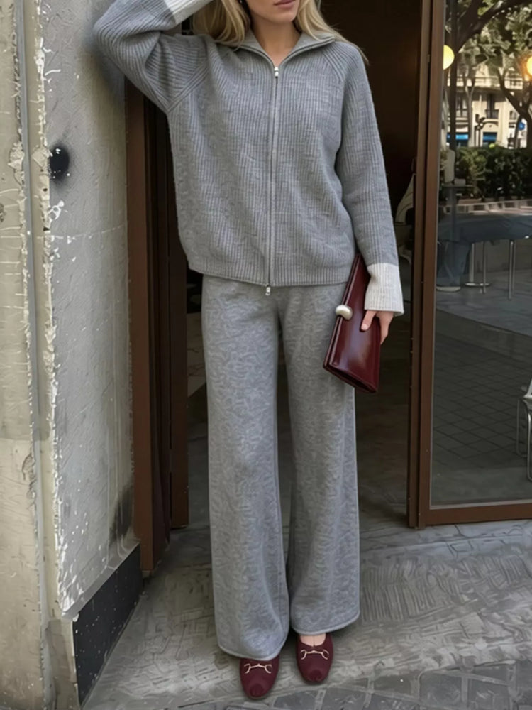 Zip-Up Contrast Cuff Cardigan and Pants Sweater Set