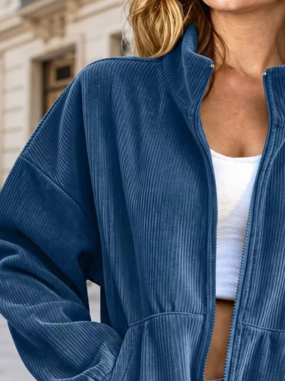 Corduroy Zip-Up Dropped Shoulder Jacket
