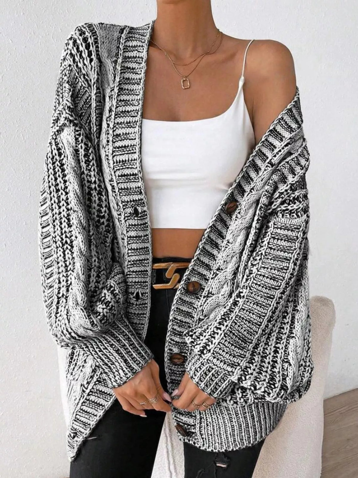 Chunky Cable Knit Button-Down Cardigan
