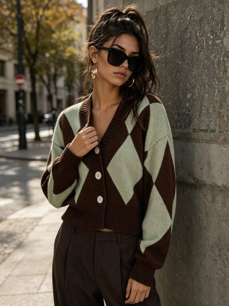 Argyle Pattern V-Neck Button-Down Cardigan