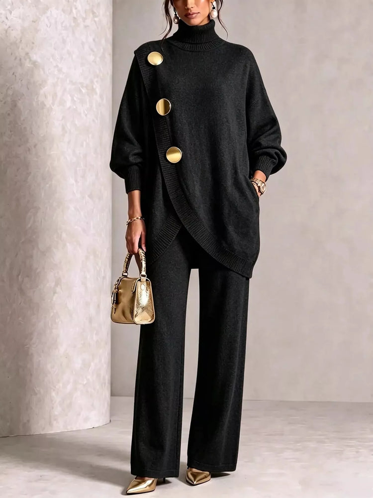 Gold Button Accent Turtleneck Sweater and Pants Set
