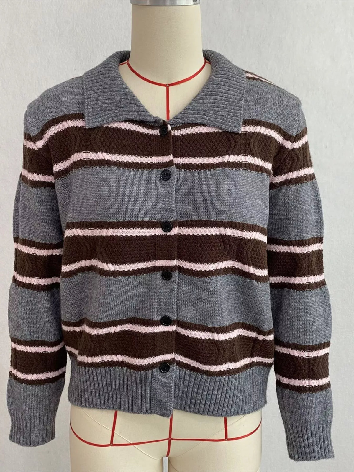 Vintage-Inspired Striped Knit Cardigan with Polo Collar