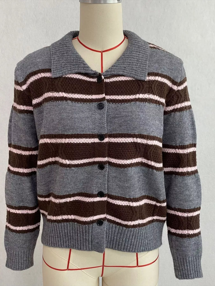 Vintage-Inspired Striped Knit Cardigan with Polo Collar