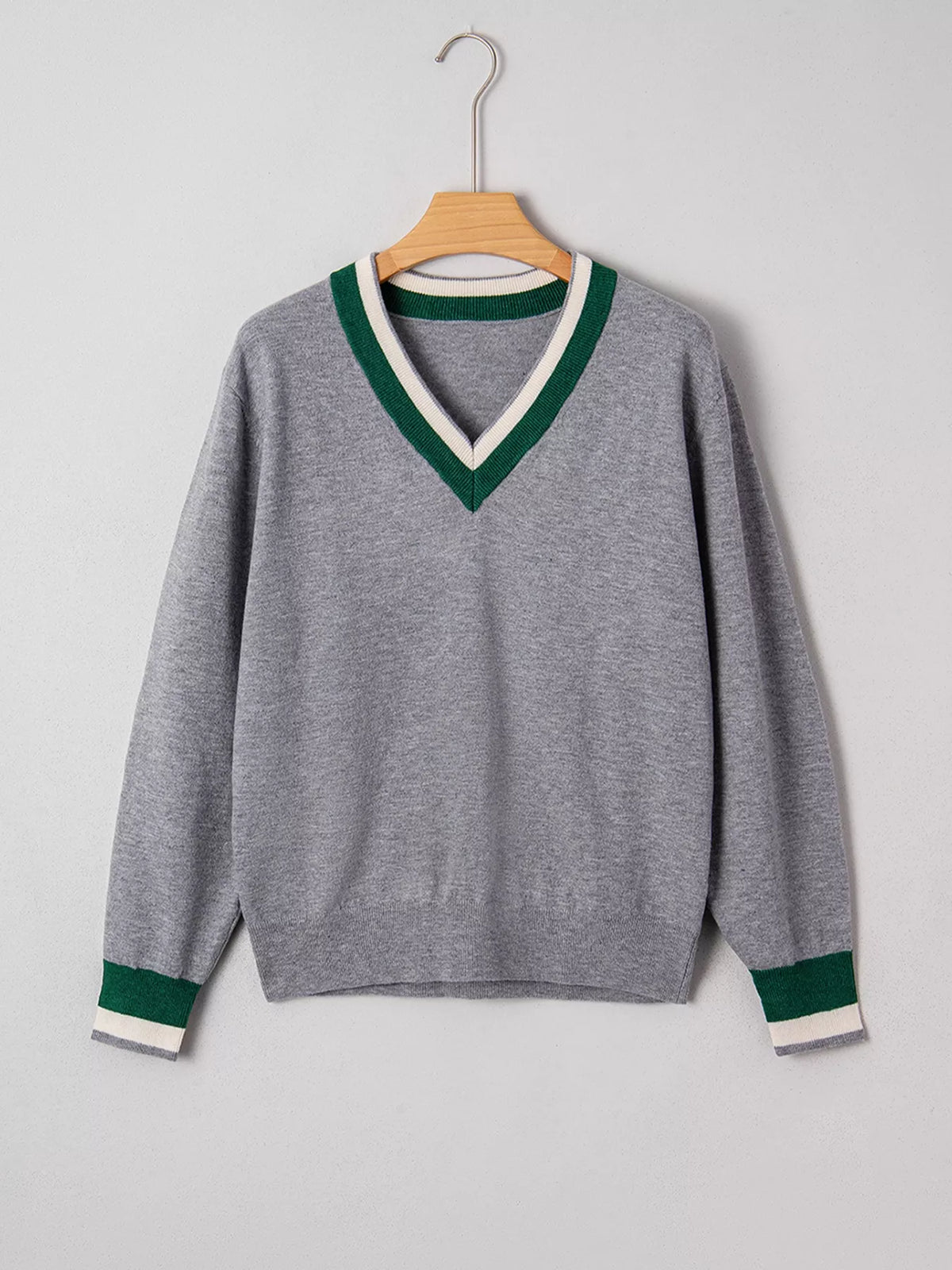 V-Neck Striped Trim Long Sleeve Sweater