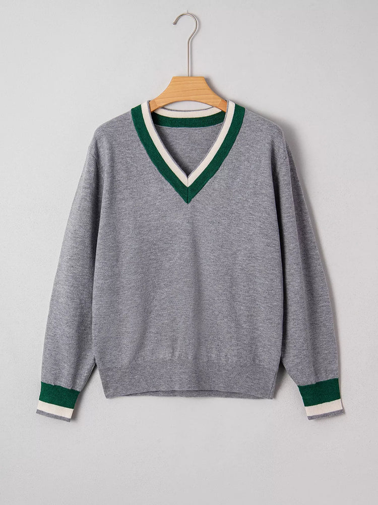 V-Neck Striped Trim Long Sleeve Sweater
