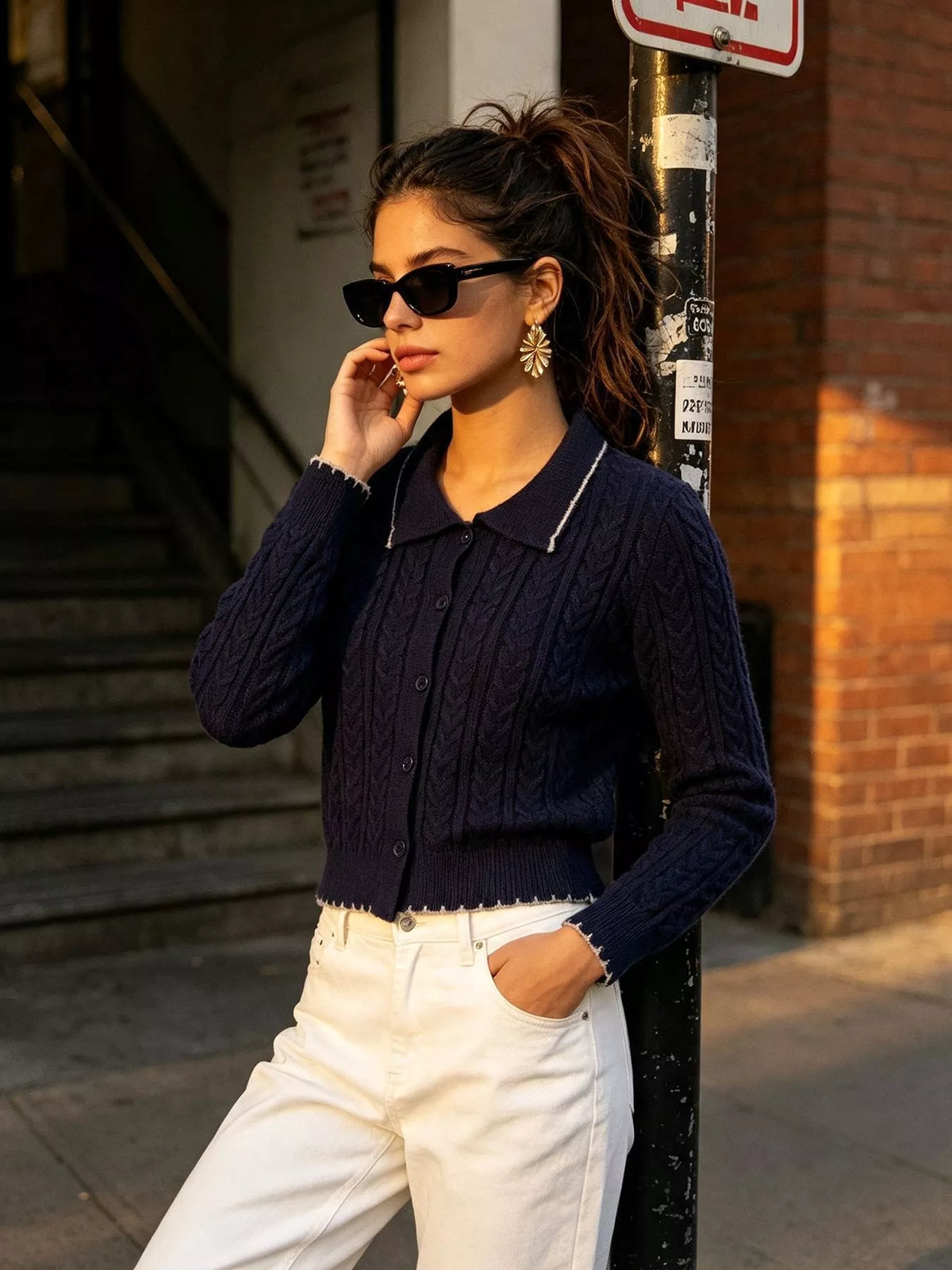 Cable Knit Polo Collar Button-Up Cardigan