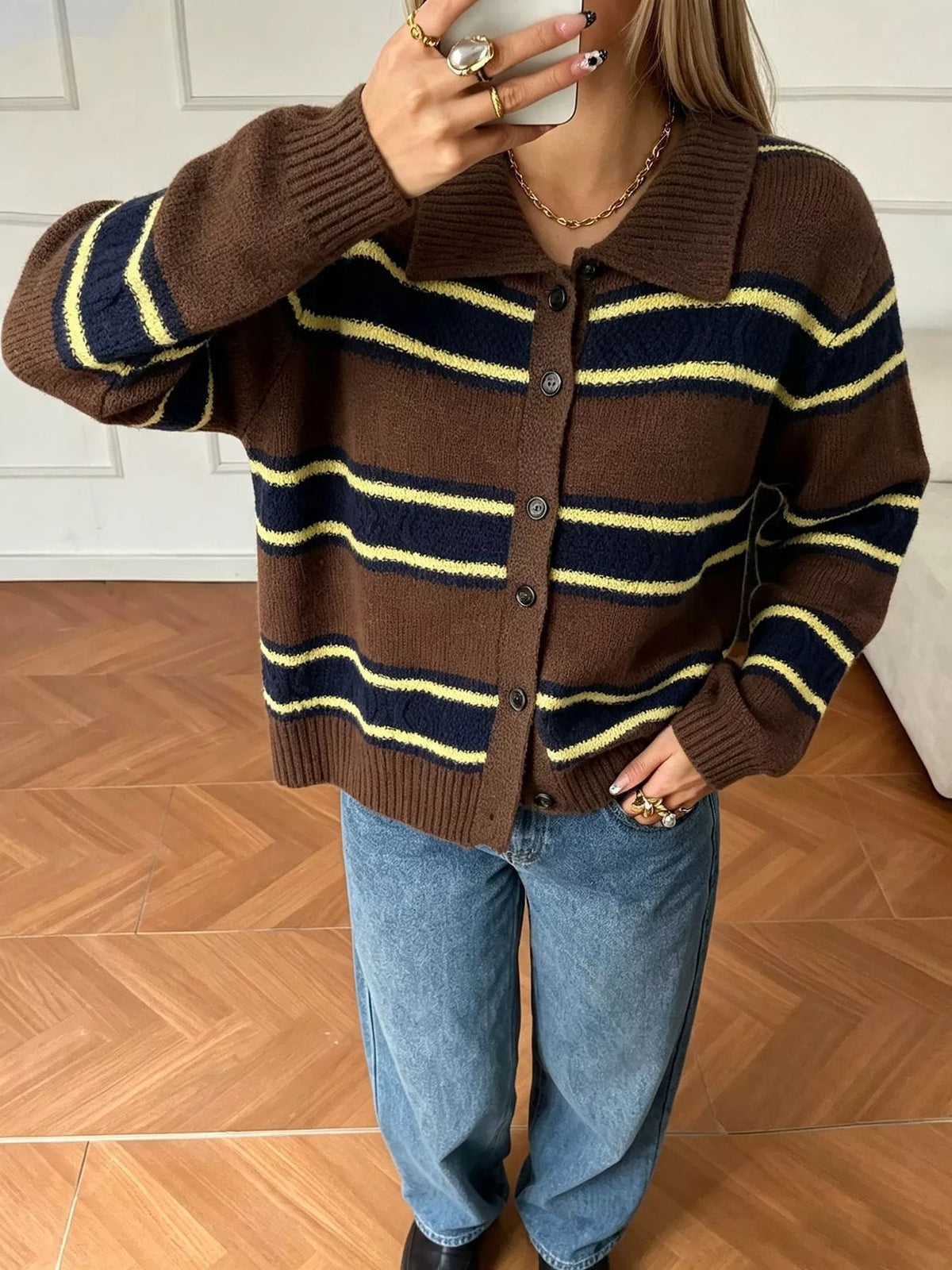 Vintage-Inspired Striped Knit Cardigan with Polo Collar