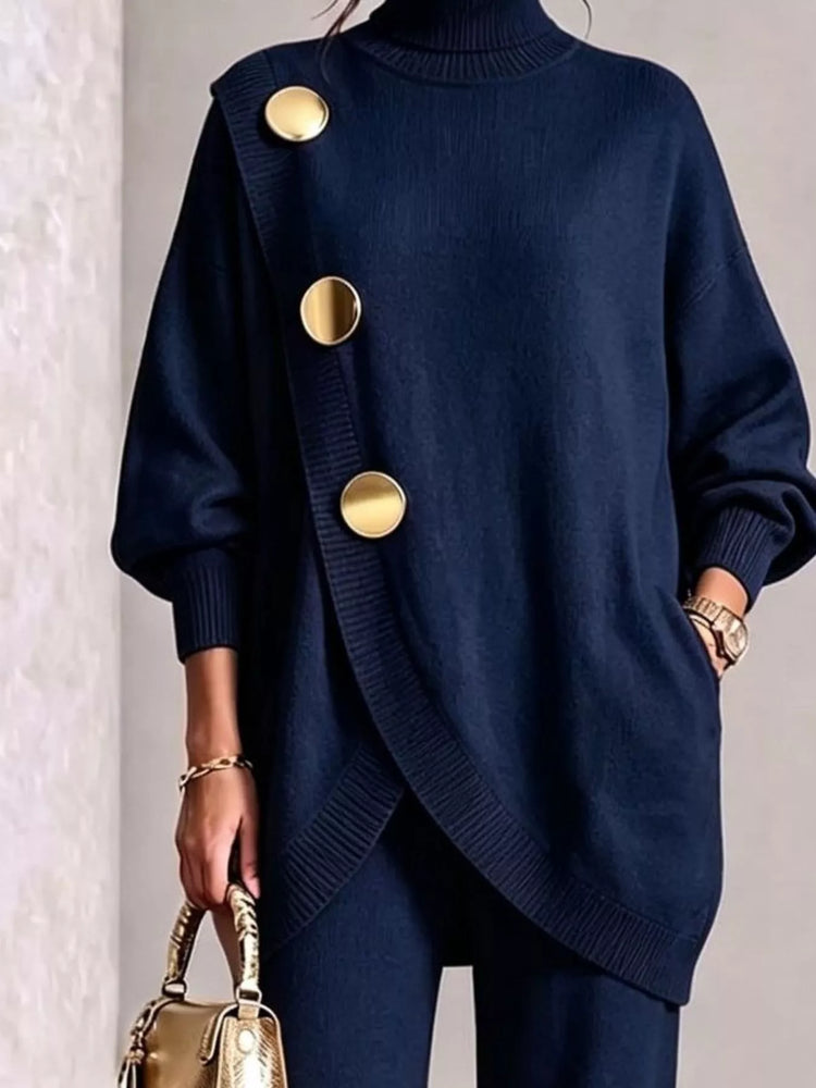 Full Size Elegant Turtleneck Asymmetric Button-Decorated Sweater and Pants Set Plus Size